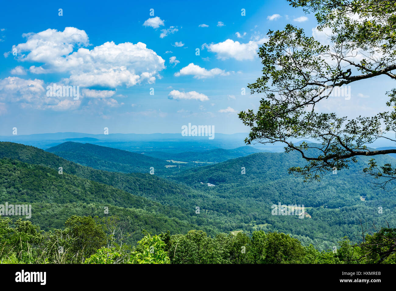 La pioggia cade nella distanza oltre le montagne Appalchian a Shenandoah National Park. Foto Stock