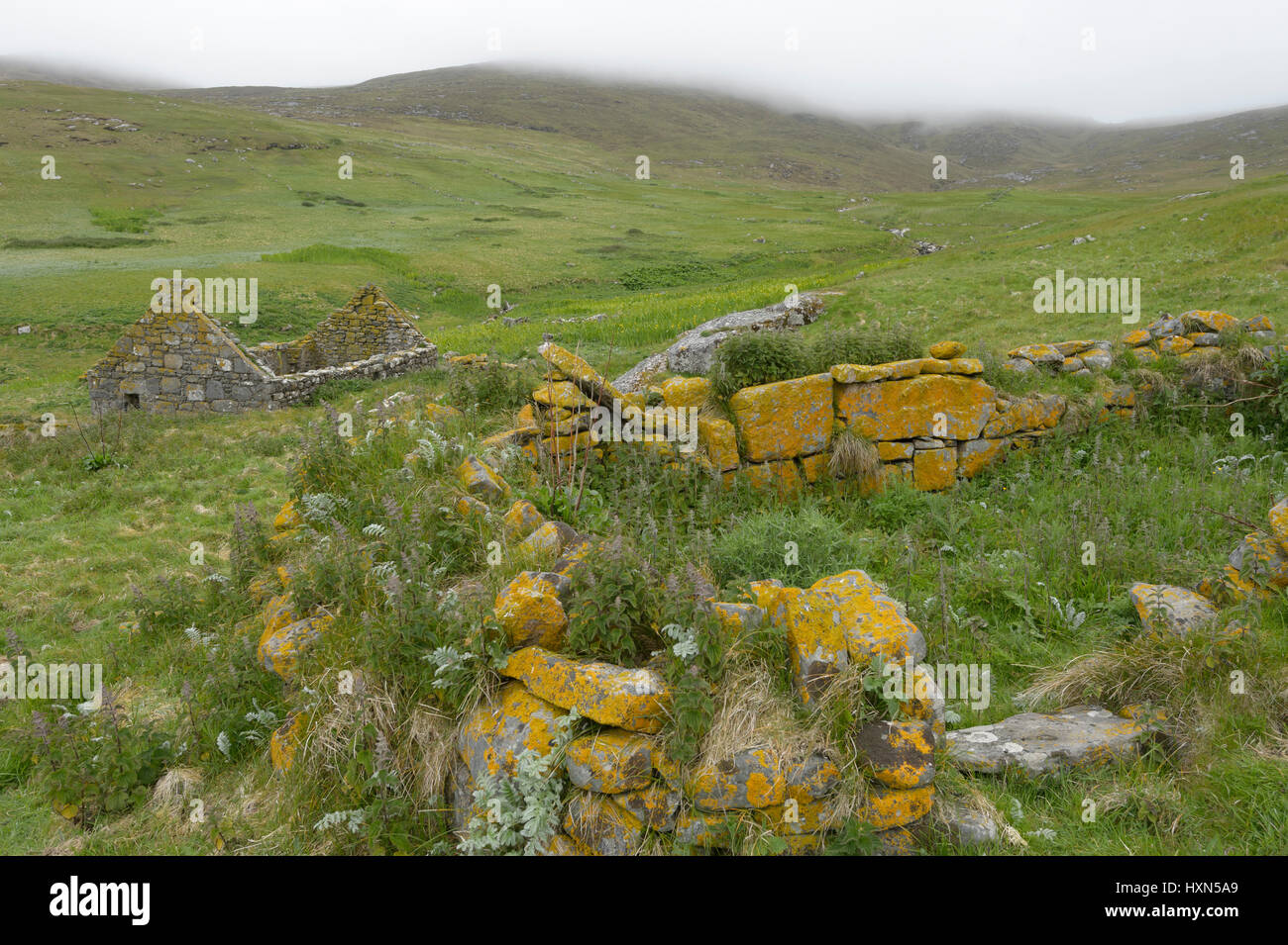 Case coloniche abbandonate sulla isola di Mingulay nelle Western Isles, Scozia. Giugno 2015. Foto Stock