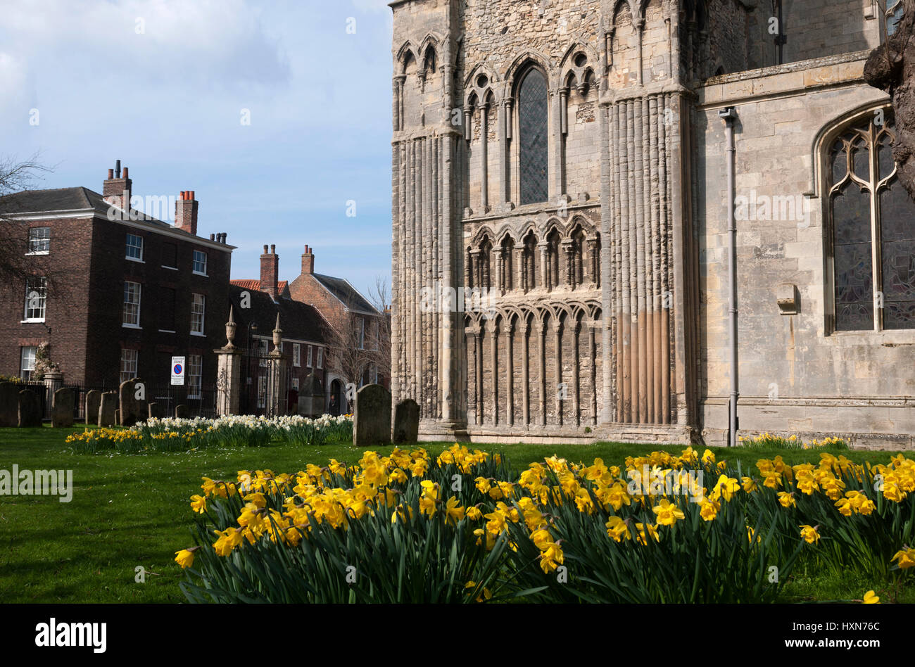 Sud dettaglio anteriore in primavera, King's Lynn Minster (St Margaret's), Norfolk, Inghilterra, Regno Unito Foto Stock