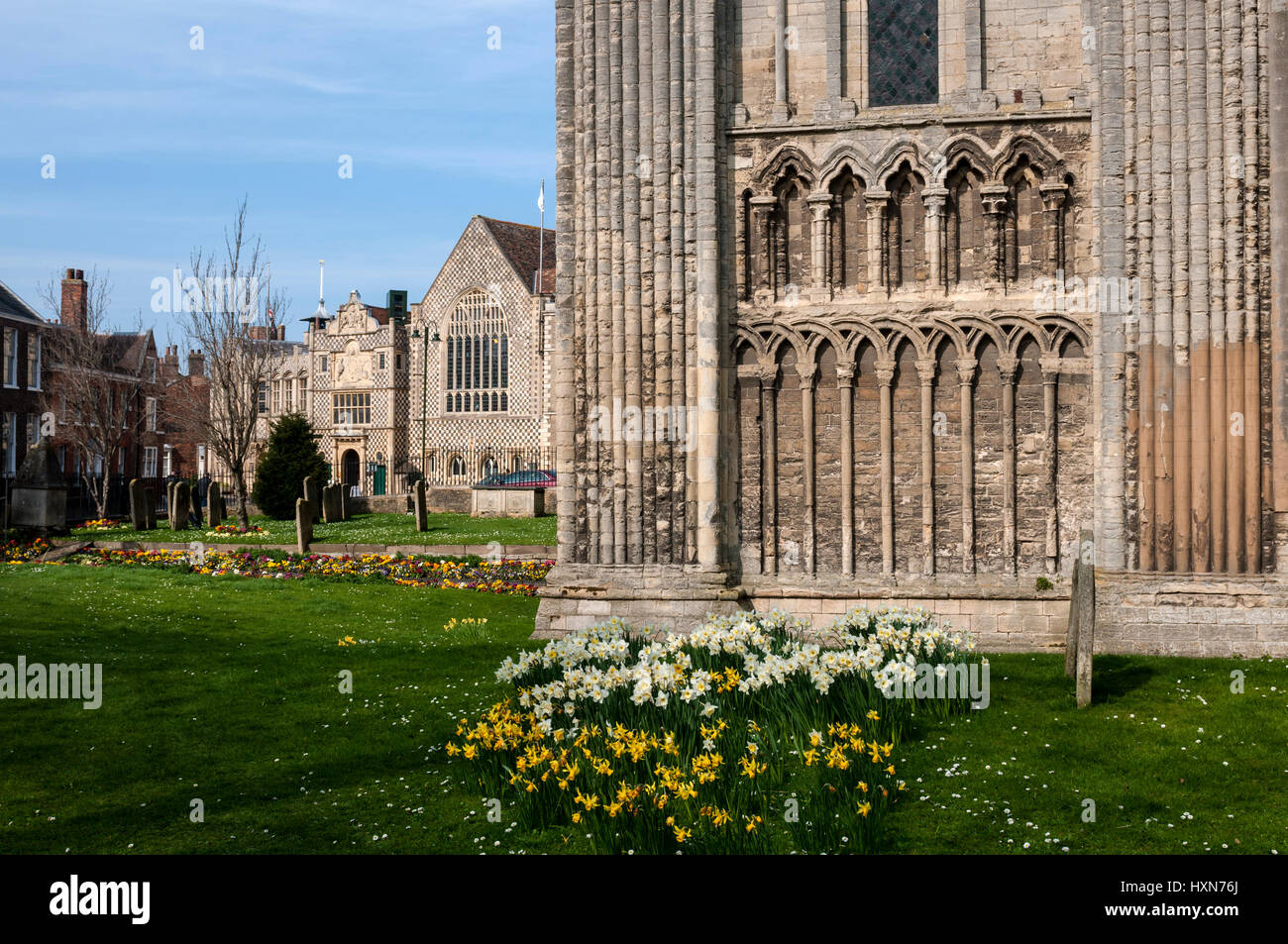 Sud dettaglio anteriore in primavera, King's Lynn Minster (St Margaret's), Norfolk, Inghilterra, Regno Unito Foto Stock