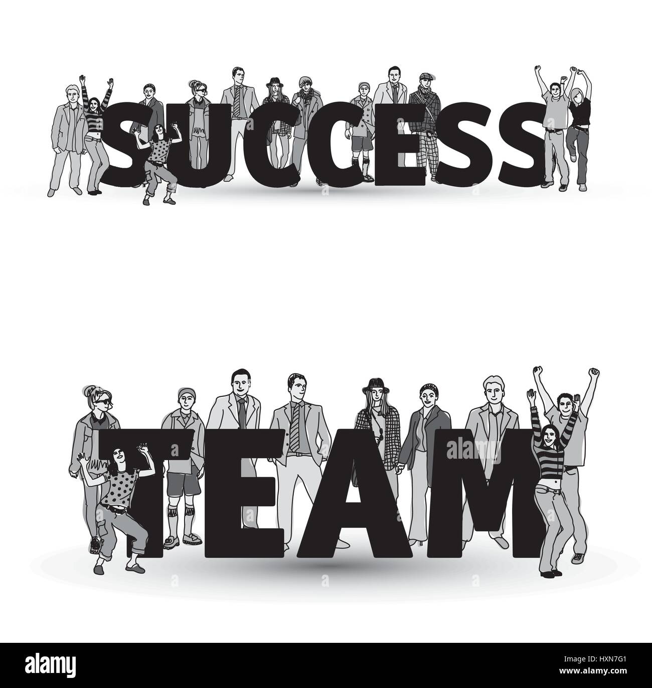 Il successo del team aziendale di gruppo di persone isolare in bianco e nero. Illustrazione Vettoriale