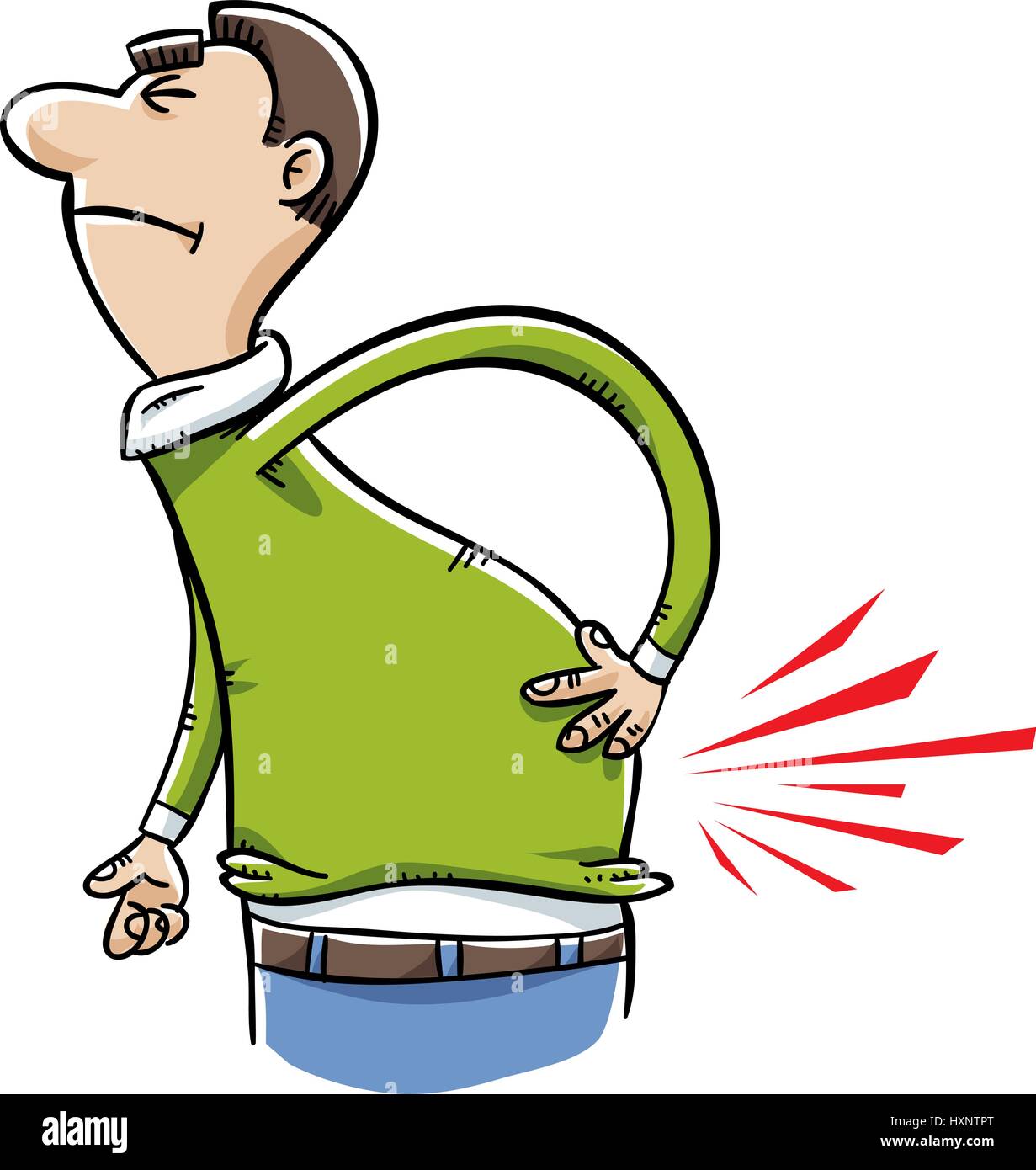 Un cartoon uomo smorfie da il dolore alla schiena. Illustrazione Vettoriale