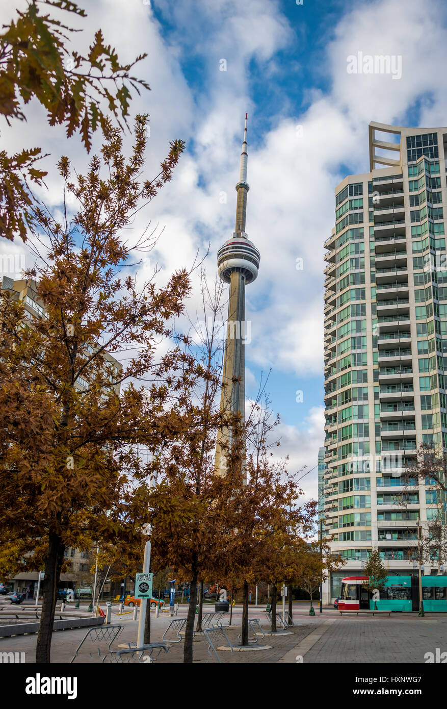 Edifici nel centro cittadino di Toronto con la CN Tower e vegetazione autunnale - Toronto, Ontario, Canada Foto Stock