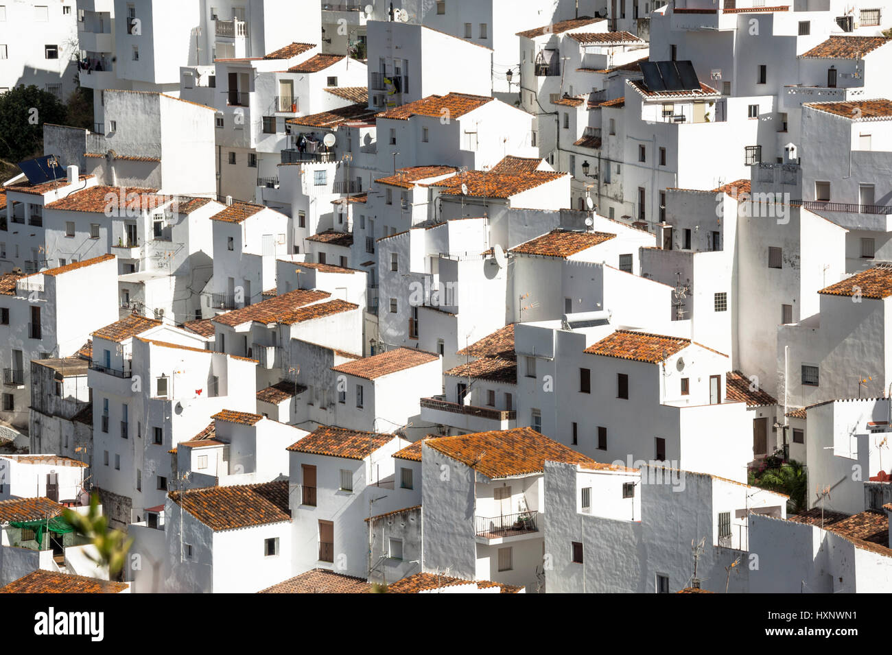 Case bianche del villaggio Casares, bianche città dell'Andalusia, Sierra Bermeja, provincia di Malaga, Spagna Foto Stock