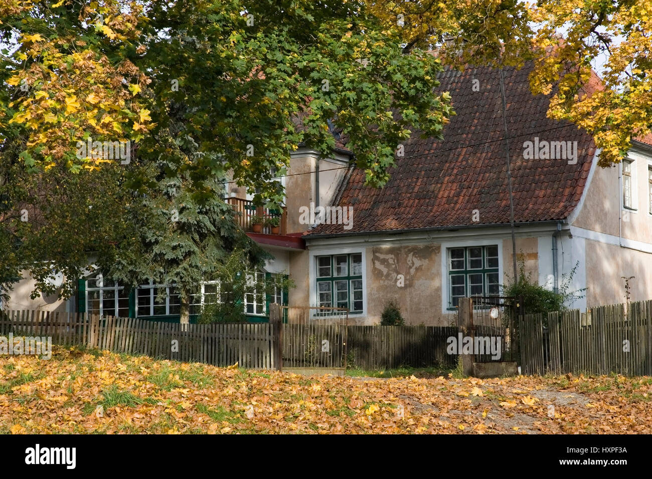 Casa Masurisches con colorate Herbstkich latifoglie. La Masuria Polonia, Masurisches Haus mit Herbstkich verfärbte Laubbäume.Masuren Polen Foto Stock