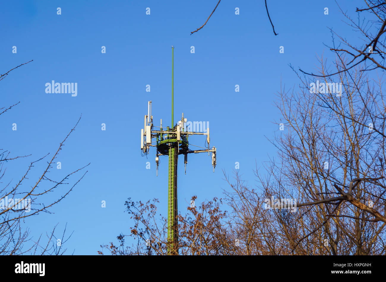 Acciaio torre di telecomunicazione con le antenne sul cielo blu e alberi Foto Stock