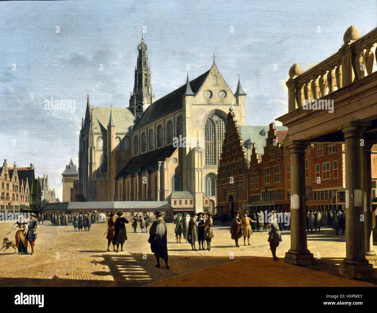 La piazza del mercato e il Grote Kerk ad Haarlem 1674 Gerrit Berckheyde 1638 - 1698 Paesi Bassi olandese ( piazza del mercato di Haarlem Da nord-ovest da accanto al municipio, il porticato dorico della quale è sulla destra. Sul lato opposto della piazza si trova la quattrocentesca Grote Kerk (Chiesa di San Bavo) e 'Vleeshal' (mercato di carne) ) Foto Stock