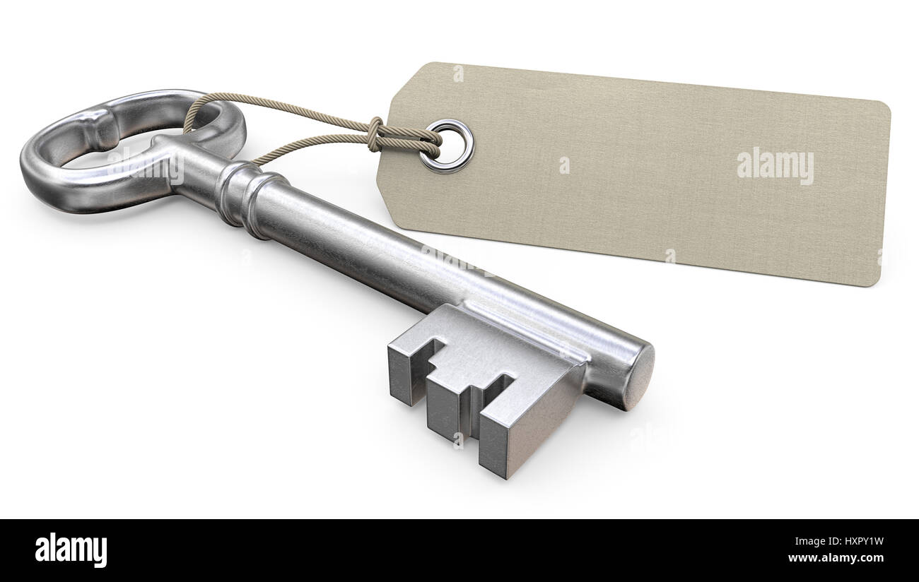 Vecchia chiave usurato e vuoto etichetta della tag per copiare lo spazio. 3D render. Foto Stock