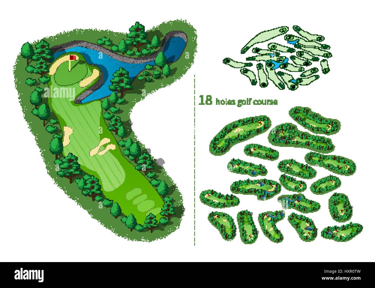 Campo da golf mappa 18 fori. Resort layout con flag di impianti di alberi di trappole di acqua. Mappa vettoriale illustrazione isometrica Illustrazione Vettoriale