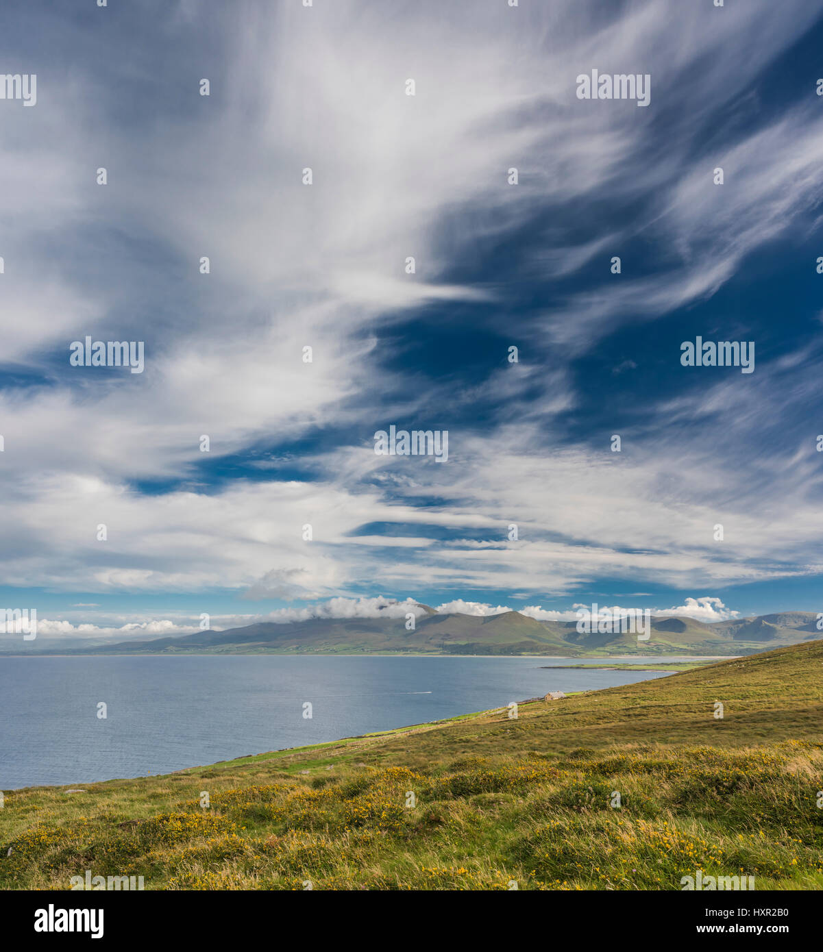 Vista su tutta la baia di Brandon da Brandon dirigersi verso le montagne della centrale Penisola di Dingle, nella contea di Kerry, Irlanda Foto Stock