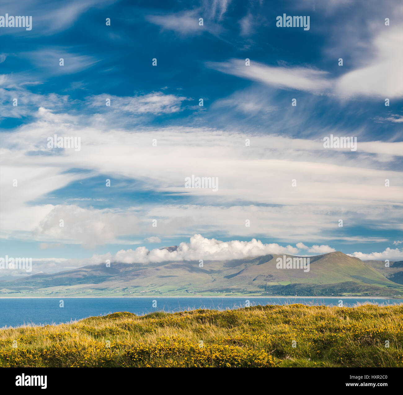 Vista su tutta la baia di Brandon da Brandon dirigersi verso le montagne della centrale Penisola di Dingle, nella contea di Kerry, Irlanda Foto Stock