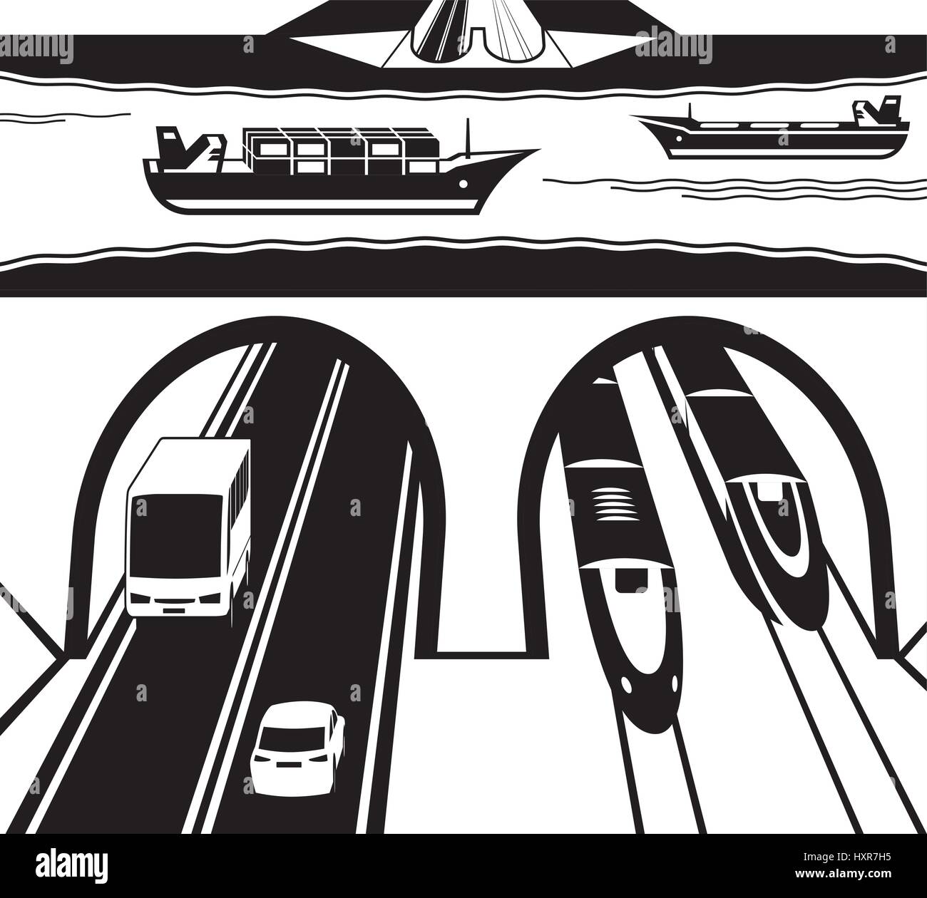 La stazione ferroviaria e l'autostrada tunnel sotto acqua - illustrazione vettoriale Illustrazione Vettoriale