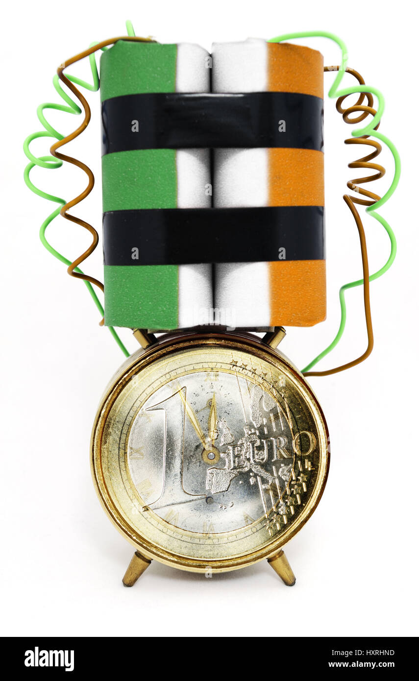 Bomba a orologeria in irlandese i colori nazionali e l'euro, il deficit statale Irlanda, Zeitbombe in irischen Nationalfarben und Euro, Staatsdefizit Irlanda Foto Stock