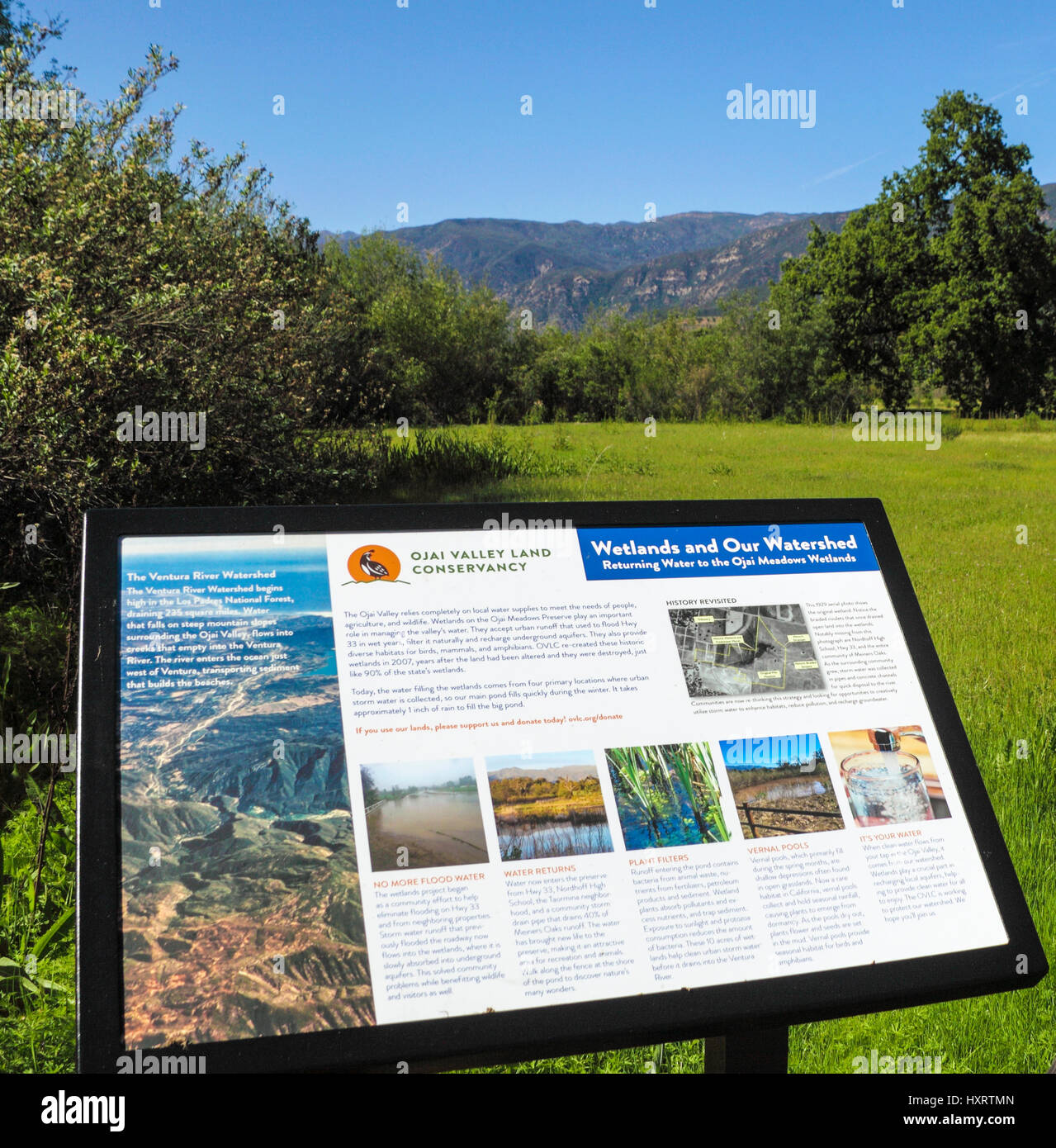 Segno che descrive in dettaglio la storia e il ruolo di zone umide in Ojai Prato preservare in Ojai, California Foto Stock