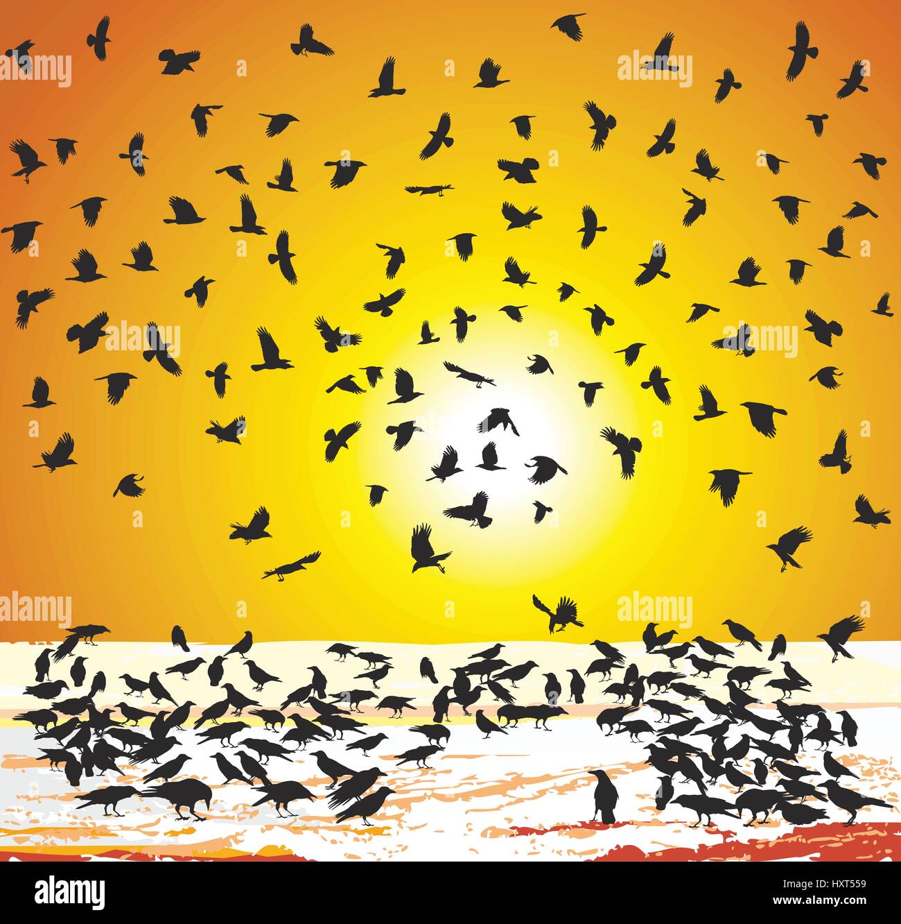 I corvi in inverno al tramonto Illustrazione Vettoriale