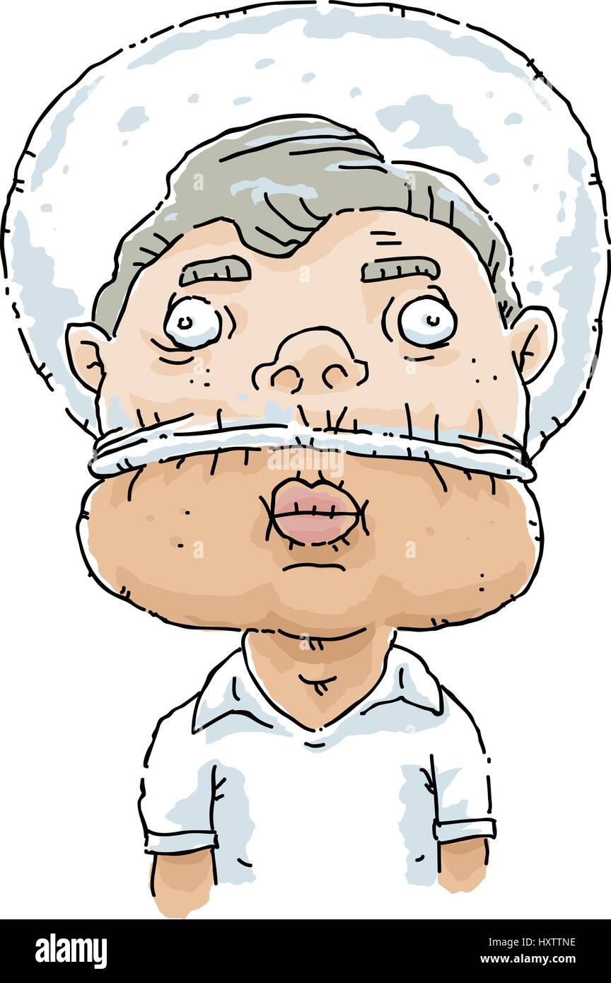 Un cartoon uomo gonfia un sacchetto in plastica bloccato a metà sopra la sua testa. Illustrazione Vettoriale