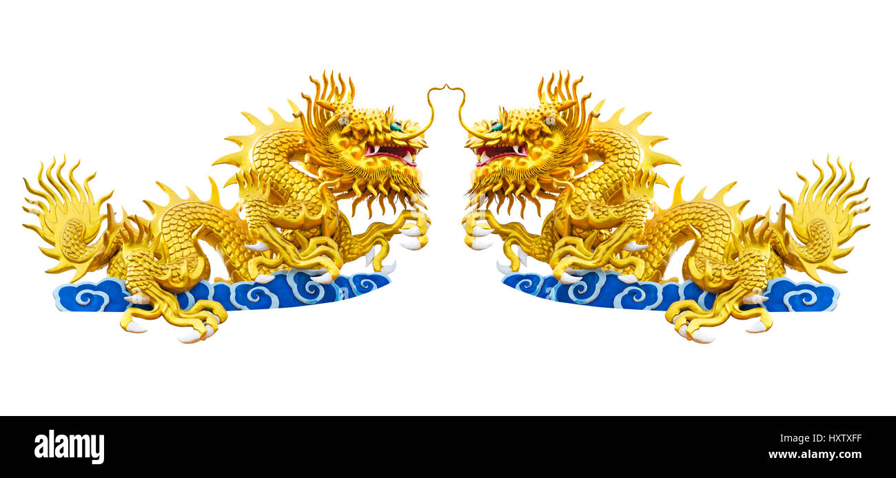 Twin dragon sul tempio cinese tetto isolato su sfondo bianco con tracciato di ritaglio Foto Stock