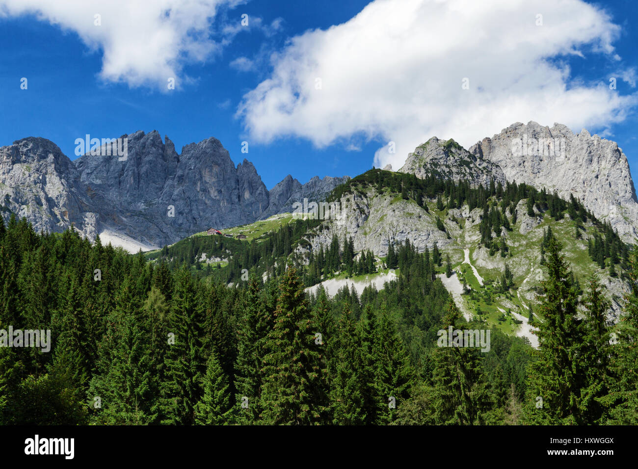 Incredibili montagne scenic nelle Alpi. Austrian destinazione di viaggio Kaiser, montagne di Wilder Kaiser catena, Alto Adige Foto Stock