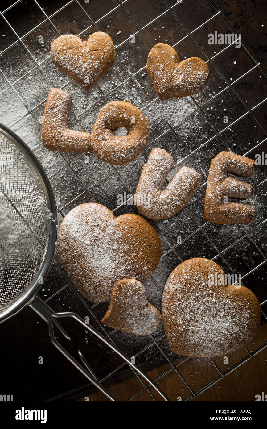 Appena sfornati gingerbread cookies dopo che essi sono stati spolverato con zucchero a velo su un vassoio da forno. Alcuni sono a forma di cuore e alcuni scrivi la parola "lov Foto Stock