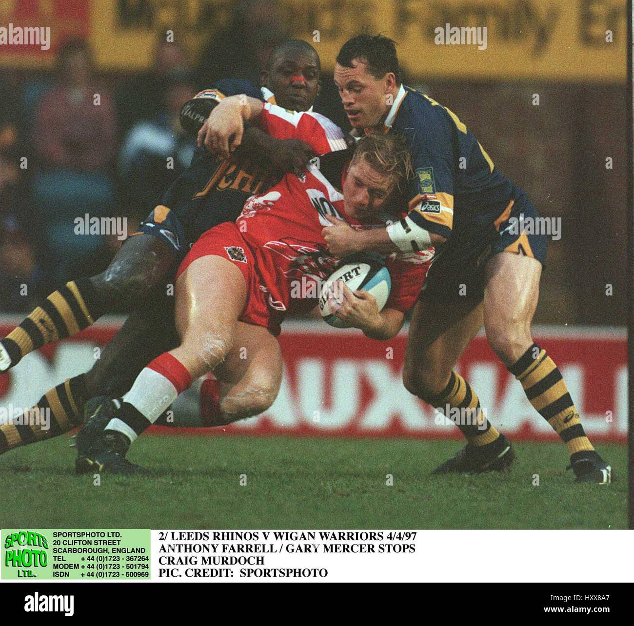 SIMON HAUGHTON FARRELL MERCER LEEDS RINOCERONTI V Wigan Warriors 04 Aprile 1997 Foto Stock