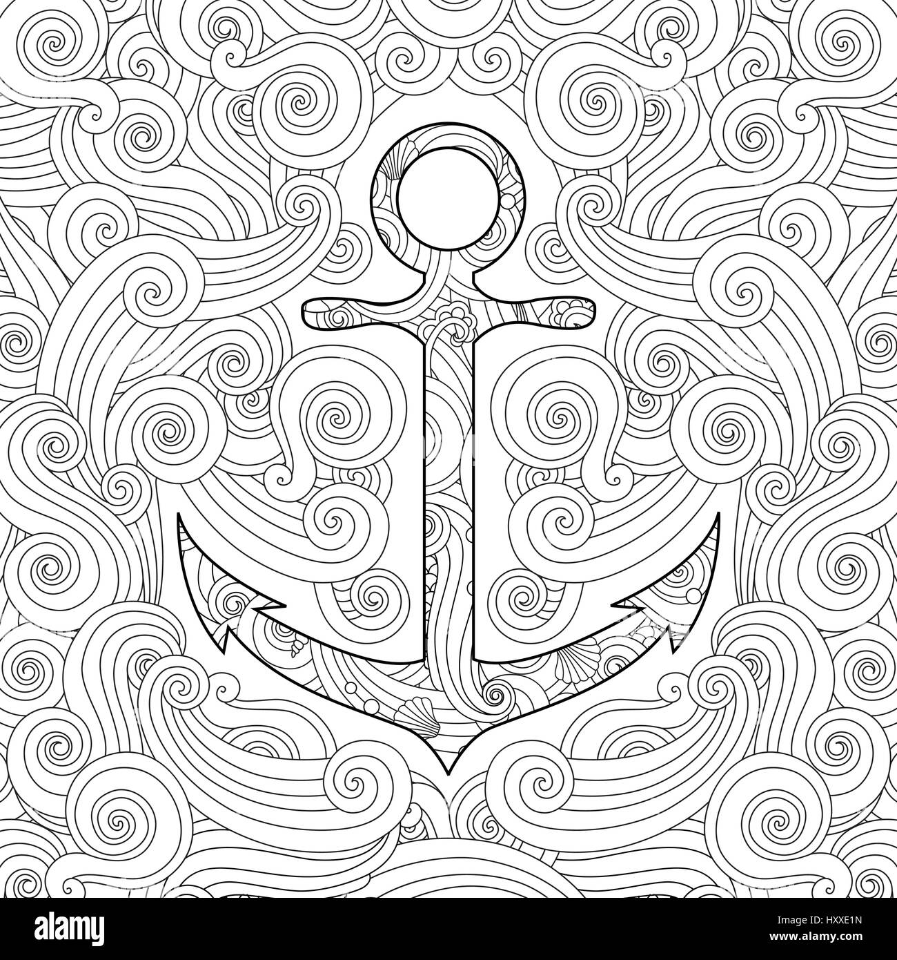 Pagina di colorazione con il dispositivo di ancoraggio in onde. Zentangle ispirato doodle stile. Composizione quadrata. Illustrazione Vettoriale