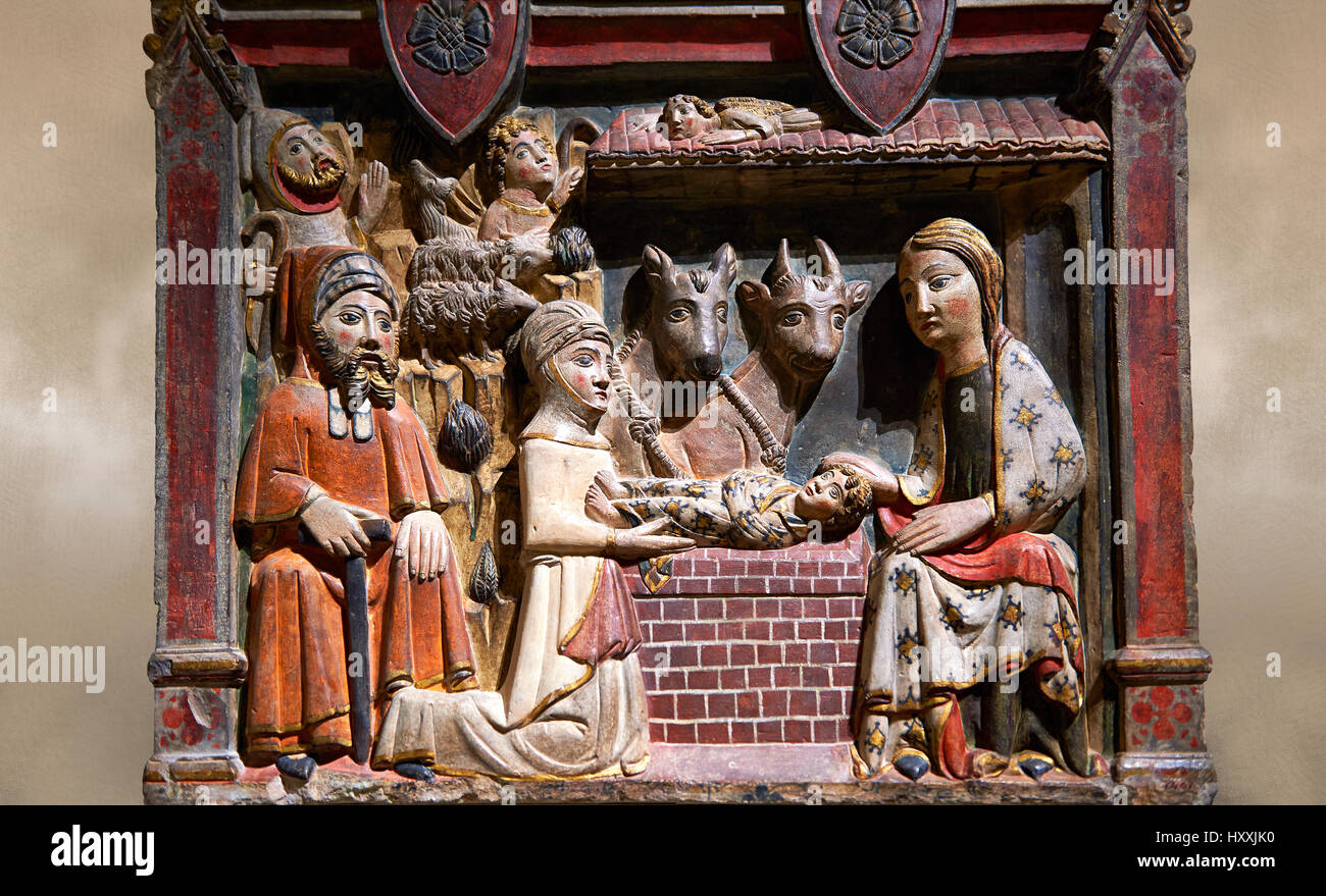 Dipinto gotico bassorilievo della Natività da master di Albesa, XIV secolo. Cripta di Sant Pere d'Àger (Noguera). MNAC inv n.: 017342-000 Foto Stock