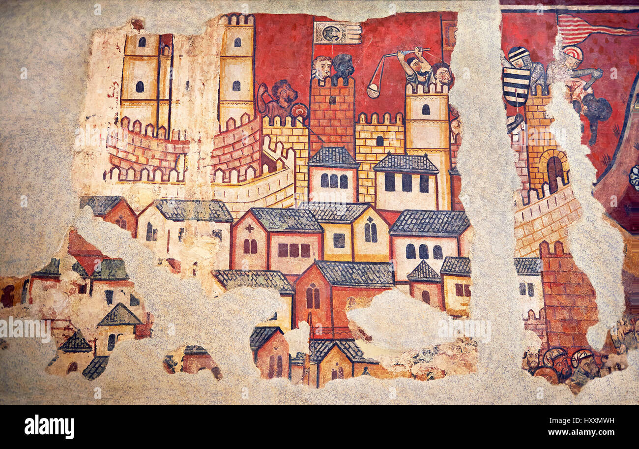 Affresco gotico pittura murale " la conquista di Maiorca " 1285-1290. Museo Nazionale di Arte Catalana di Barcellona, Spagna, inv n.: 071447-CJT. Il murale pai Foto Stock