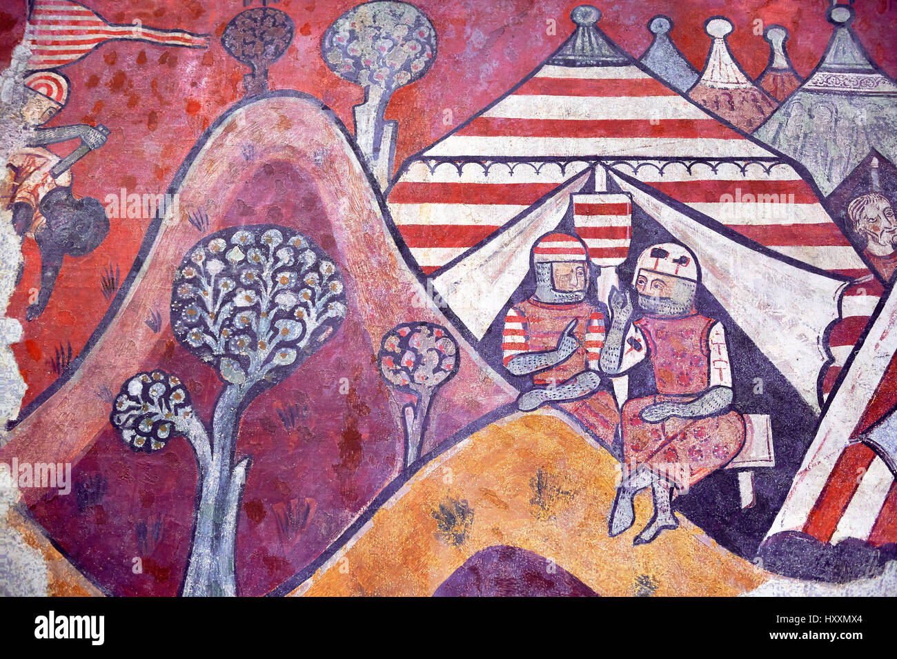Affresco gotico pittura murale " la conquista di Maiorca " 1285-1290. Museo Nazionale di Arte Catalana di Barcellona, Spagna, inv n.: 071447-CJT. Il murale pai Foto Stock
