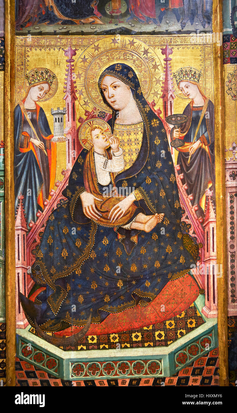 Pala gotica della Madonna e Bambino allattamento o Madonna Lactans, dall'officina di Llorenç, Saragozza, Museo Nazionale di Arte Catalana Foto Stock