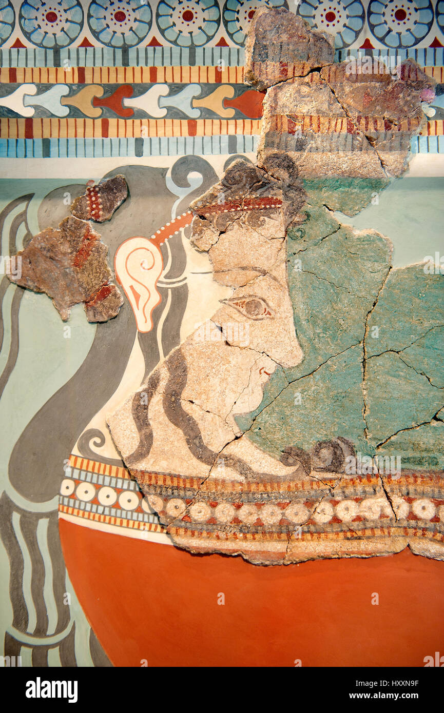 Affresco micenea pittura murale di un elborately vestito donna in una processione dalla tirinto, Grecia. Xiv - XIII secolo A.C. Cat No 5883 Atene Foto Stock