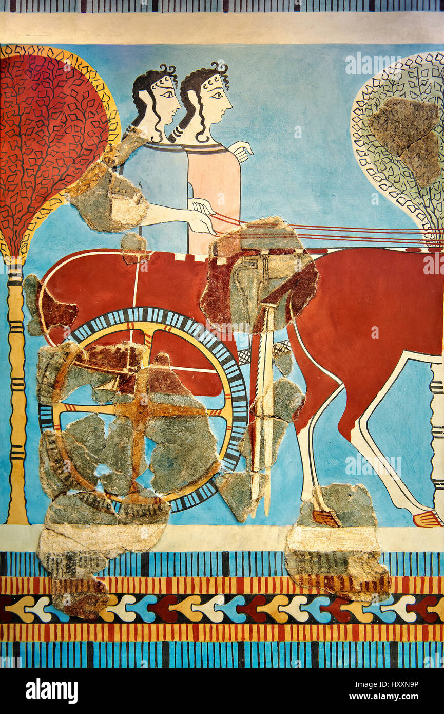 Affresco micenea pittura murale di un carro da tirinto, Grecia. Xiv - XIII secolo A.C. Museo Archeologico di Atene. Foto Stock