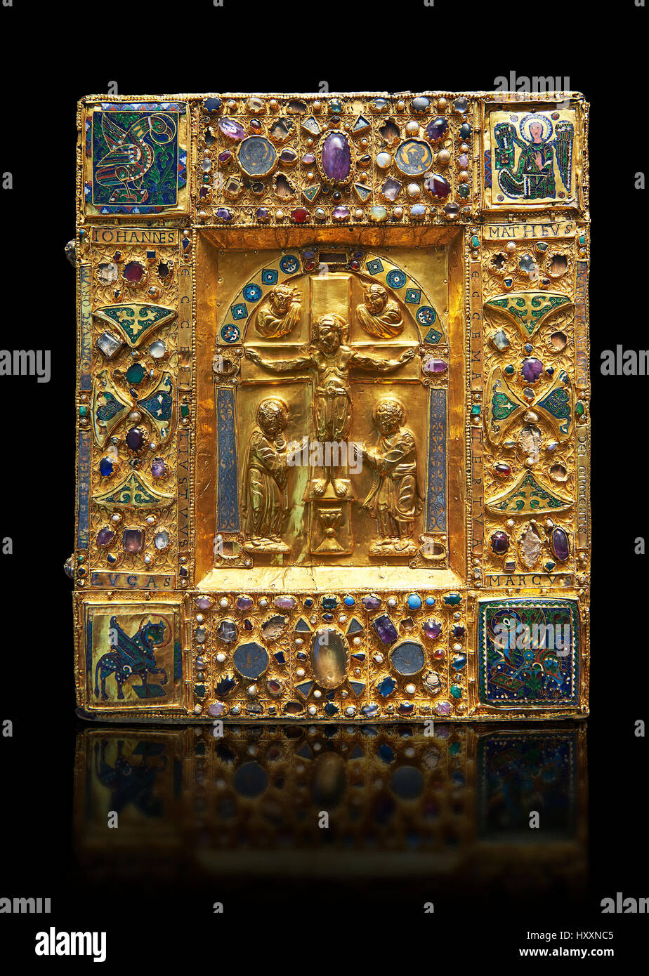 Medievale manoscritto dorato coprire raffigurante la Crocifissione. Xi secolo dal tesoro della Cattedrale di Maastricht. Museo del Louvre Parigi Foto Stock