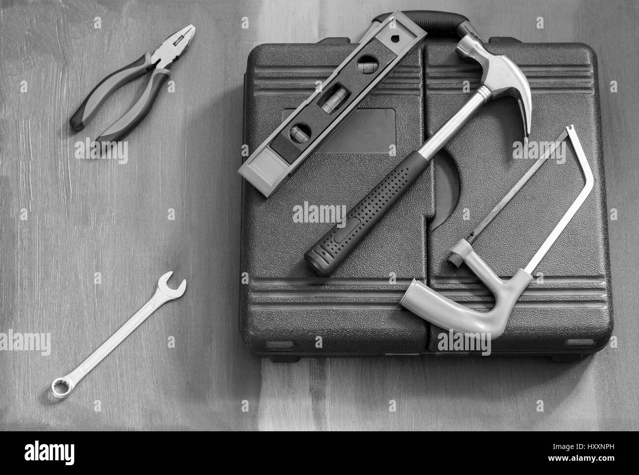 La cassetta degli attrezzi e utensili in bianco & nero Foto Stock