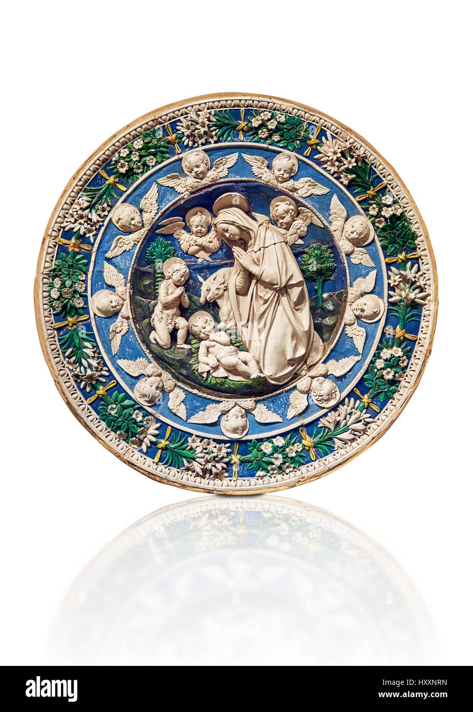 Terracotta smaltata pannello di rilievo della Vergine di adorazione del Bambino con il bambino Jean Battista, Andrea e Giovanni della Robbia, Firenze Foto Stock