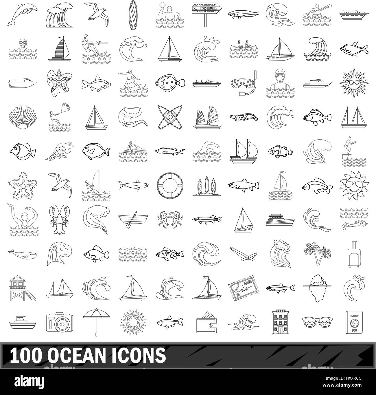100 ocean set di icone di stile di contorno Illustrazione Vettoriale