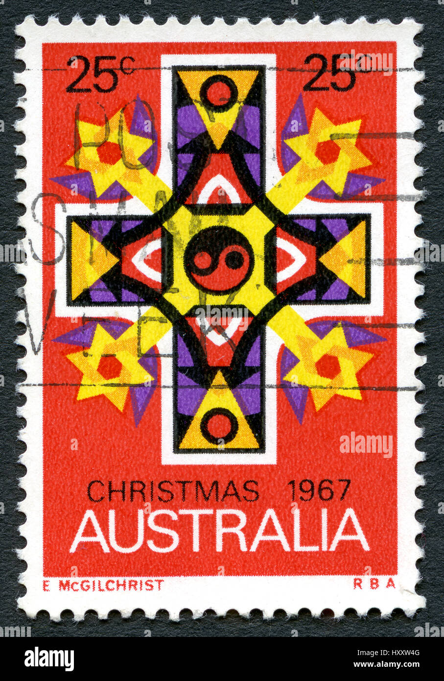 AUSTRALIA - circa 1967: utilizzate un francobollo da Australia, che raffigura una croce biblica, commemorando il Natale, circa 1967. Foto Stock