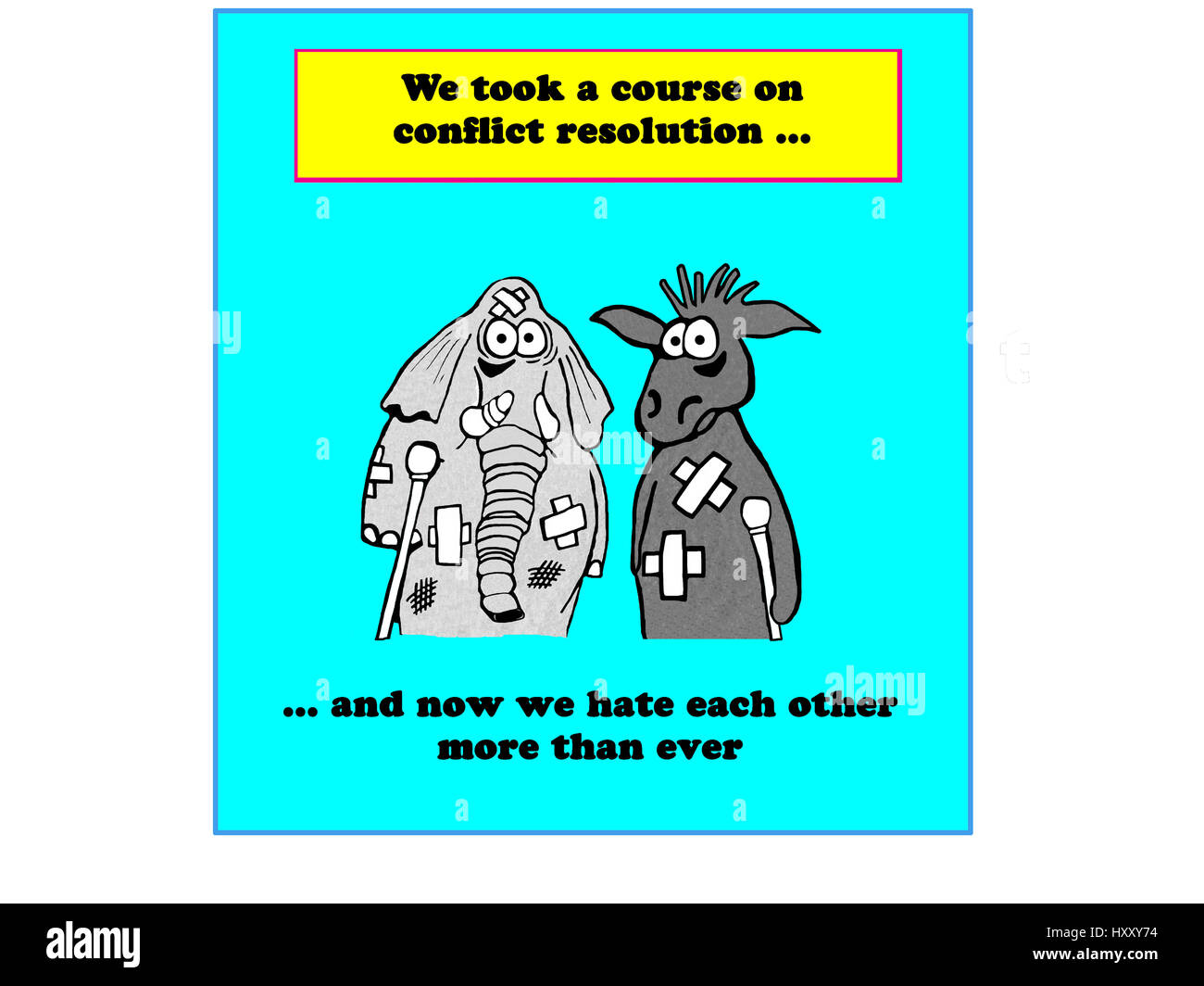 Cartoon politico circa i repubblicani e democratici non ottenere lungo. Foto Stock