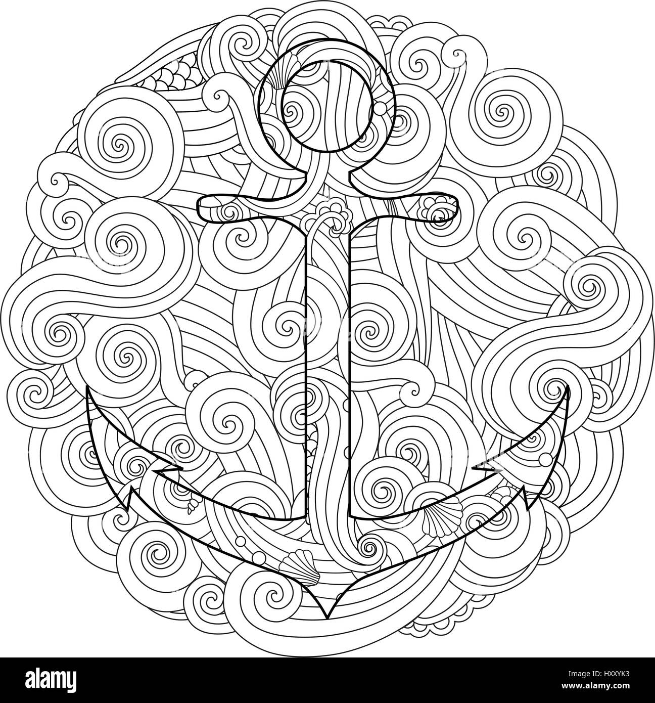 Pagina di colorazione con il dispositivo di ancoraggio in onda mandala. Zentangle ispirato doodle stile. Illustrazione Vettoriale