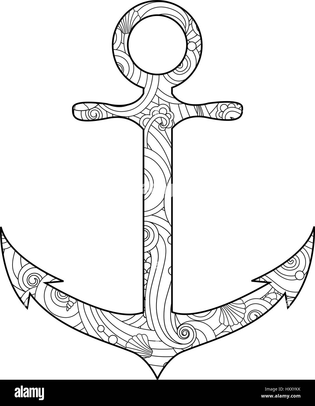 Pagina di colorazione con ancora isolati su sfondo bianco in zentangle ispirato doodle stile. Illustrazione Vettoriale