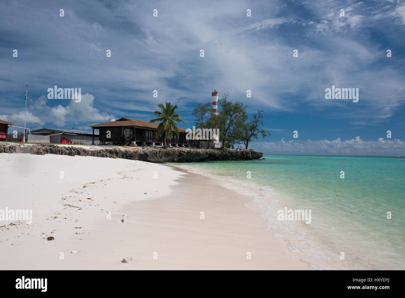 Seychelles, Oceano Indiano, Aldabra isola gruppo, Aldabra Atoll, Picard isola aka West Island. Stazione di ricerca. UNESCO - Sito Patrimonio dell'umanità. Foto Stock