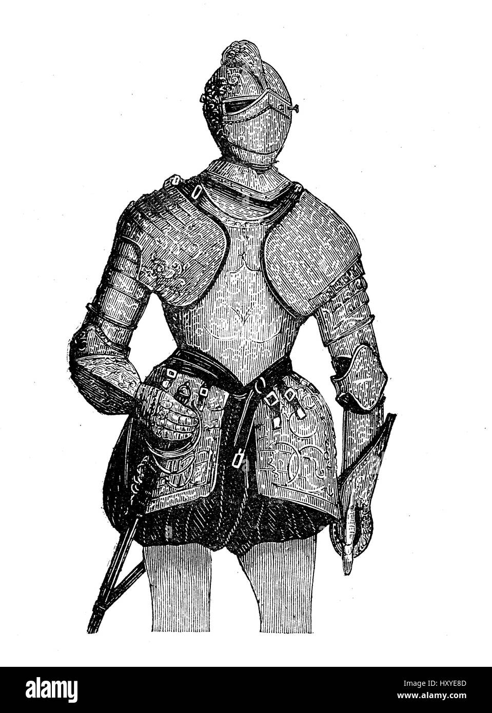 Riccamente decorato in stile barocco armor con chiudere completamente timone (armet) e Brocade calzoncini, XVI secolo Foto Stock