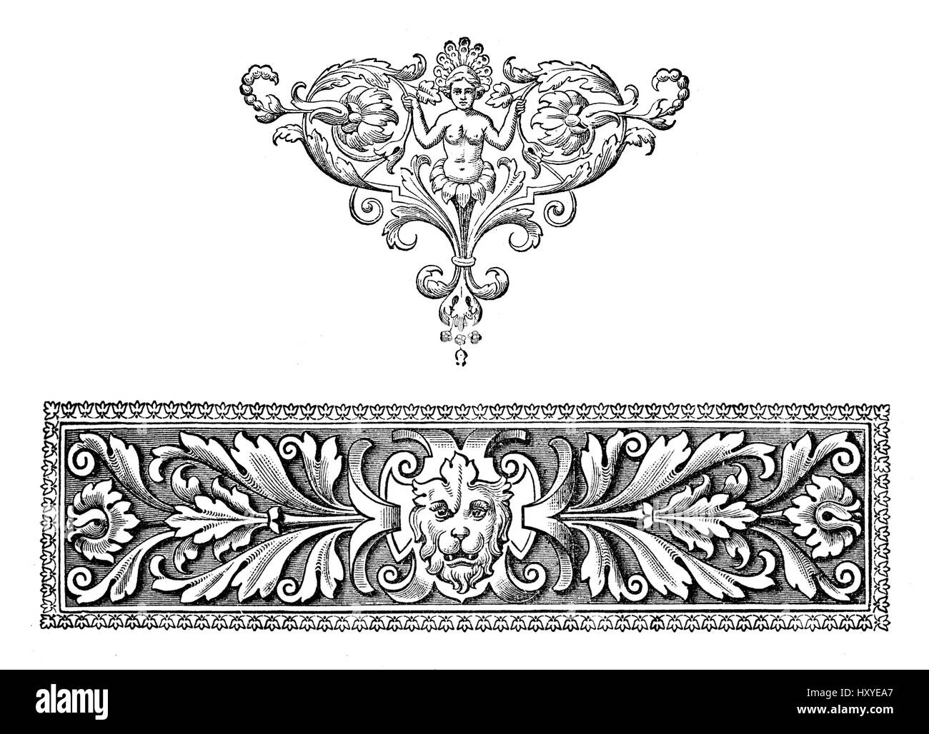 Riccamente decorato in stile barocco frontiera tipografica, figura mitologica e motivi floreali Foto Stock