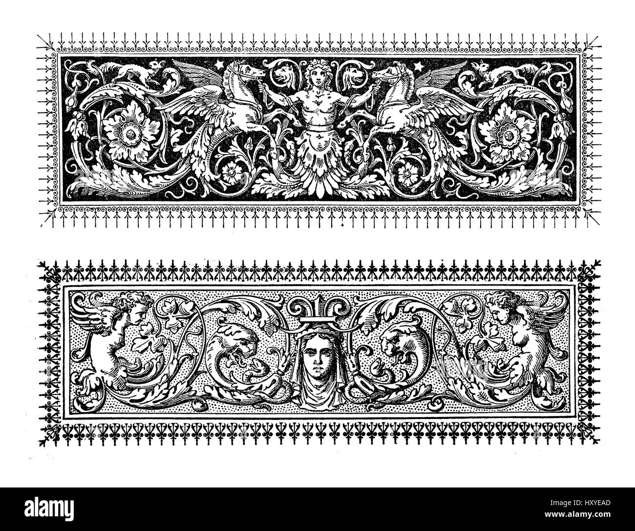 Due riccamente decorato in stile barocco frontiere tipografiche con figure mitologiche e motivi floreali Foto Stock