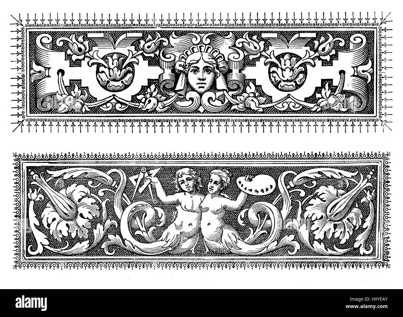 Due riccamente decorato in stile barocco frontiere tipografiche con figure, oggetti e motivi floreali Foto Stock