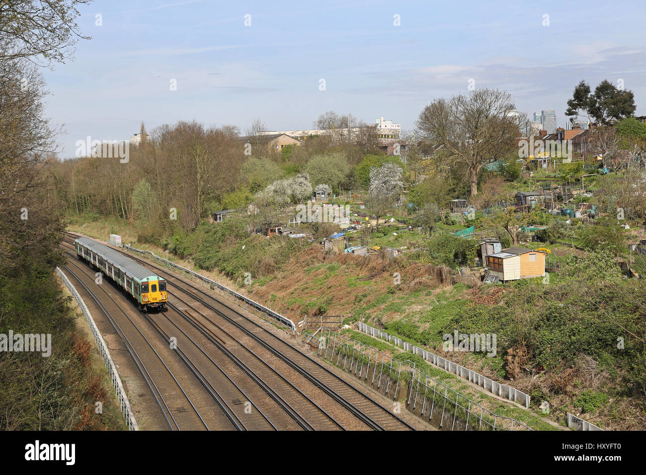 I treni passano assegnazioni pubblica accanto alla linea ferroviaria in Brockley, a sud-est di Londra - dove i residenti locali crescere frutta e verdura. Foto Stock