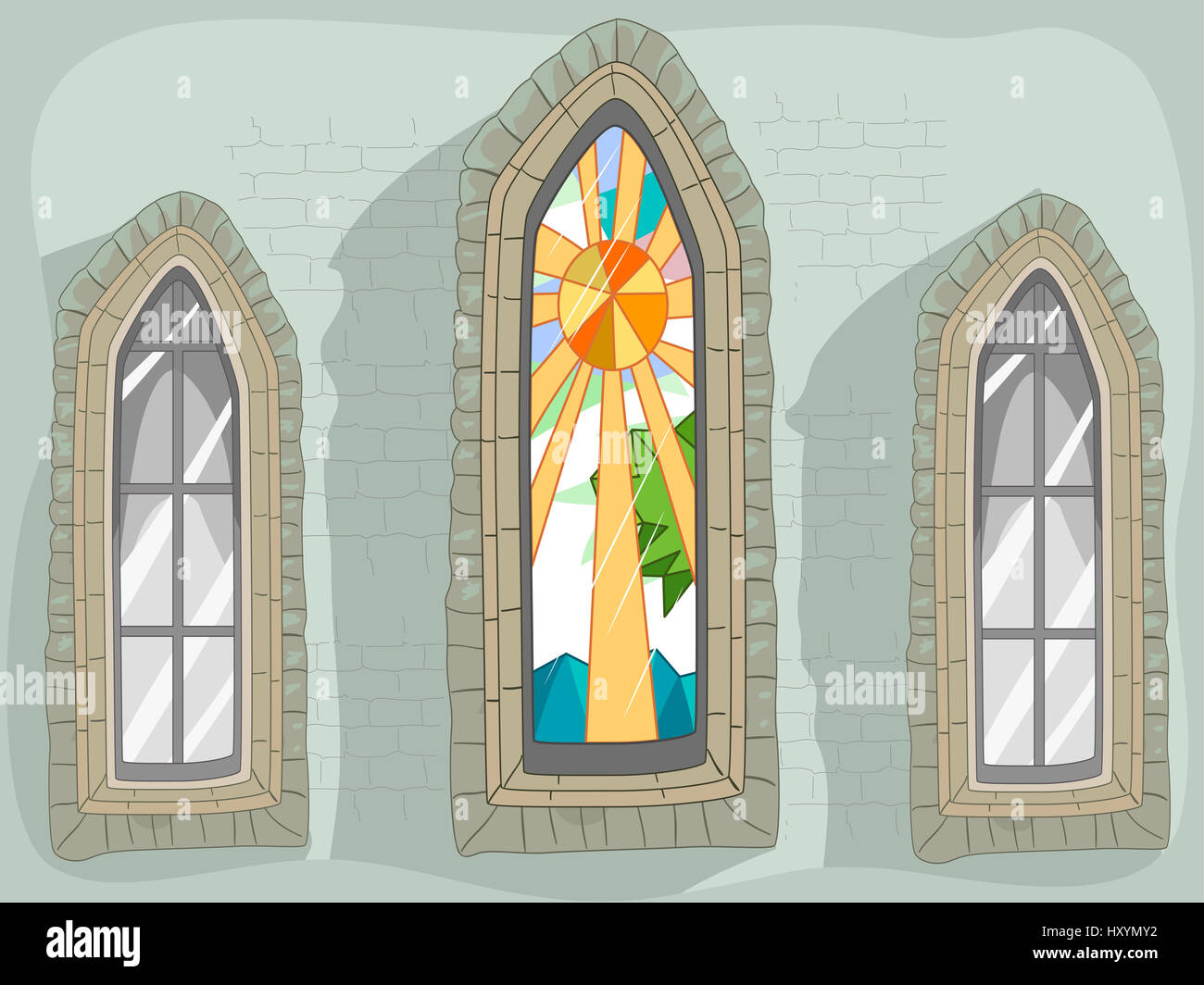 Illustrazione di una lancetta finestra con una vetrata Design Foto Stock