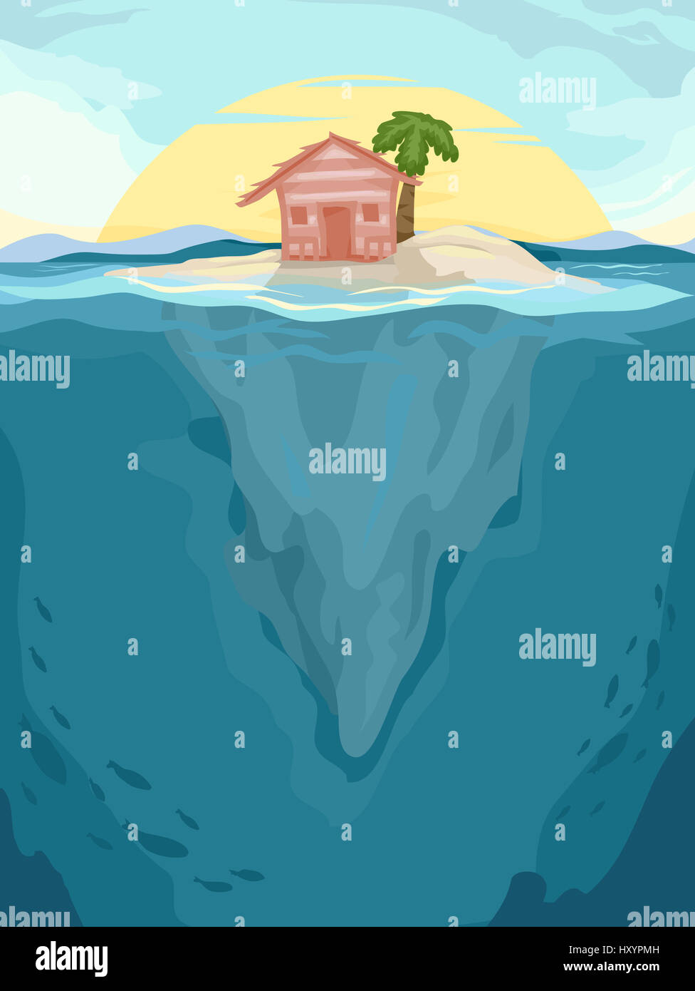 Illustrazione dello sfondo di una cabina in spiaggia in un isola deserta Foto Stock