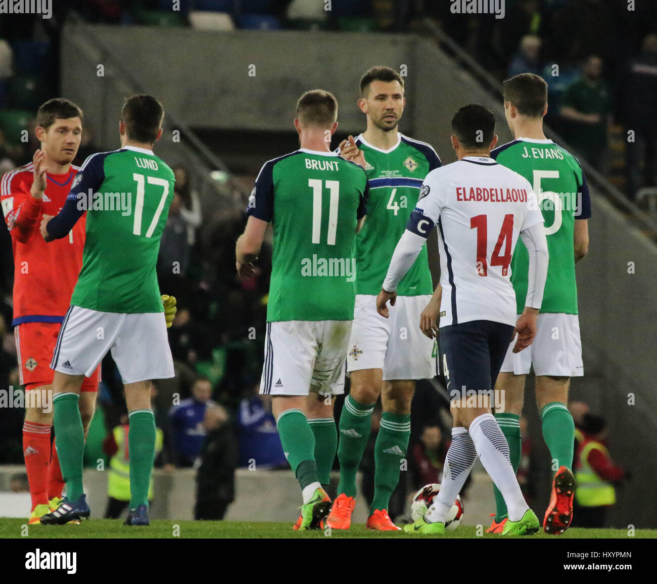 Stadio Nazionale al Windsor Park di Belfast. Il 26 marzo 2017. 2018 World Cup Qualifier - Irlanda del Nord 2 Norvegia 0. In Irlanda del Nord la Gareth McAuley (4) celebra la vittoria con i suoi compagni di squadra. Foto Stock