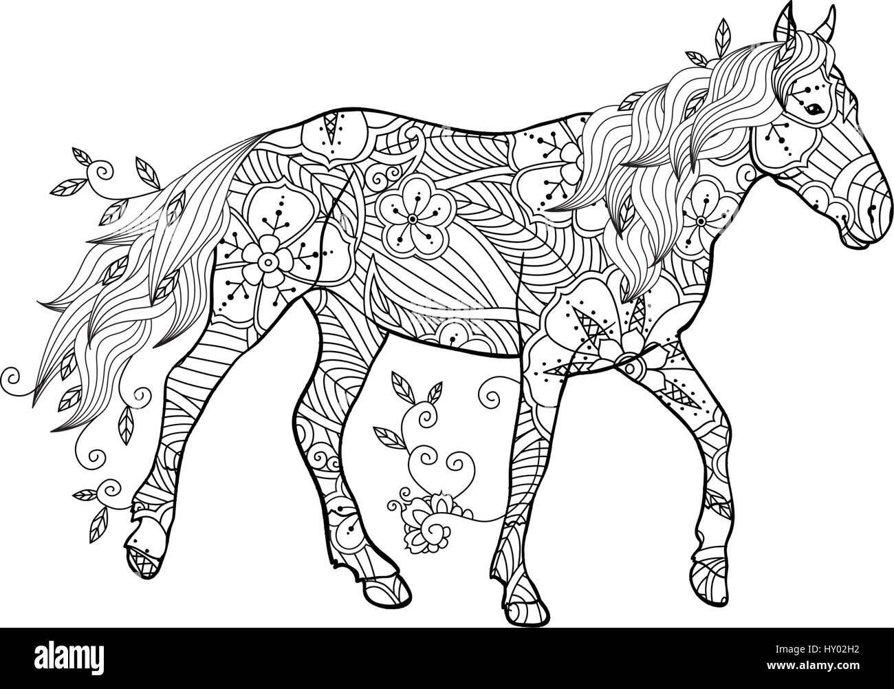 Pagina di colorazione in zentangle stile ispirato. Esecuzione di cavallo ornato da fiori e foglie isolati su sfondo bianco. Illustrazione Vettoriale