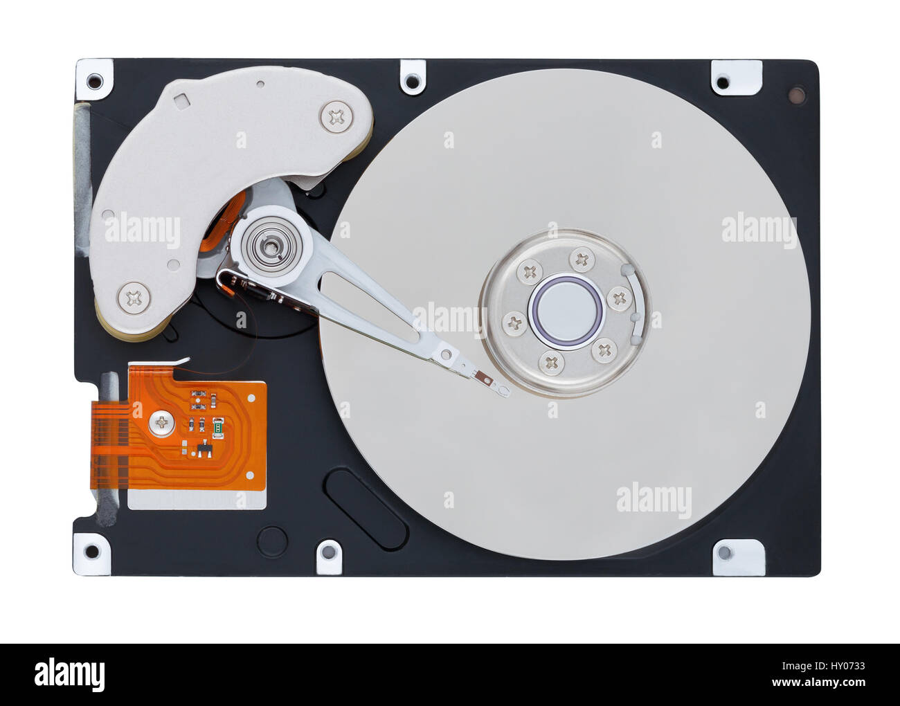 Smontate il disco rigido dal computer è isolato su uno sfondo bianco. Vista da sopra Foto Stock